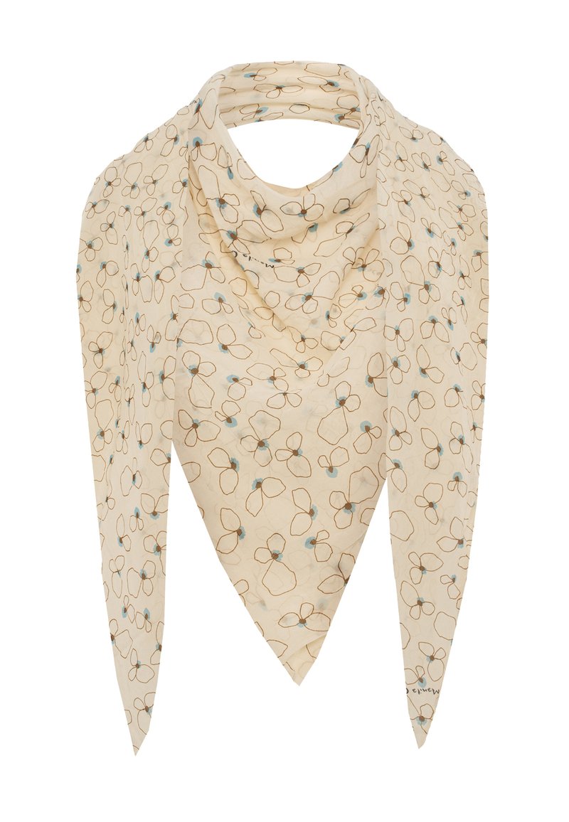 Sciarpa crema con un motivo ripetuto di occhiali contornati in marrone e blu. Realizzata in tessuto leggero con forma triangolare.