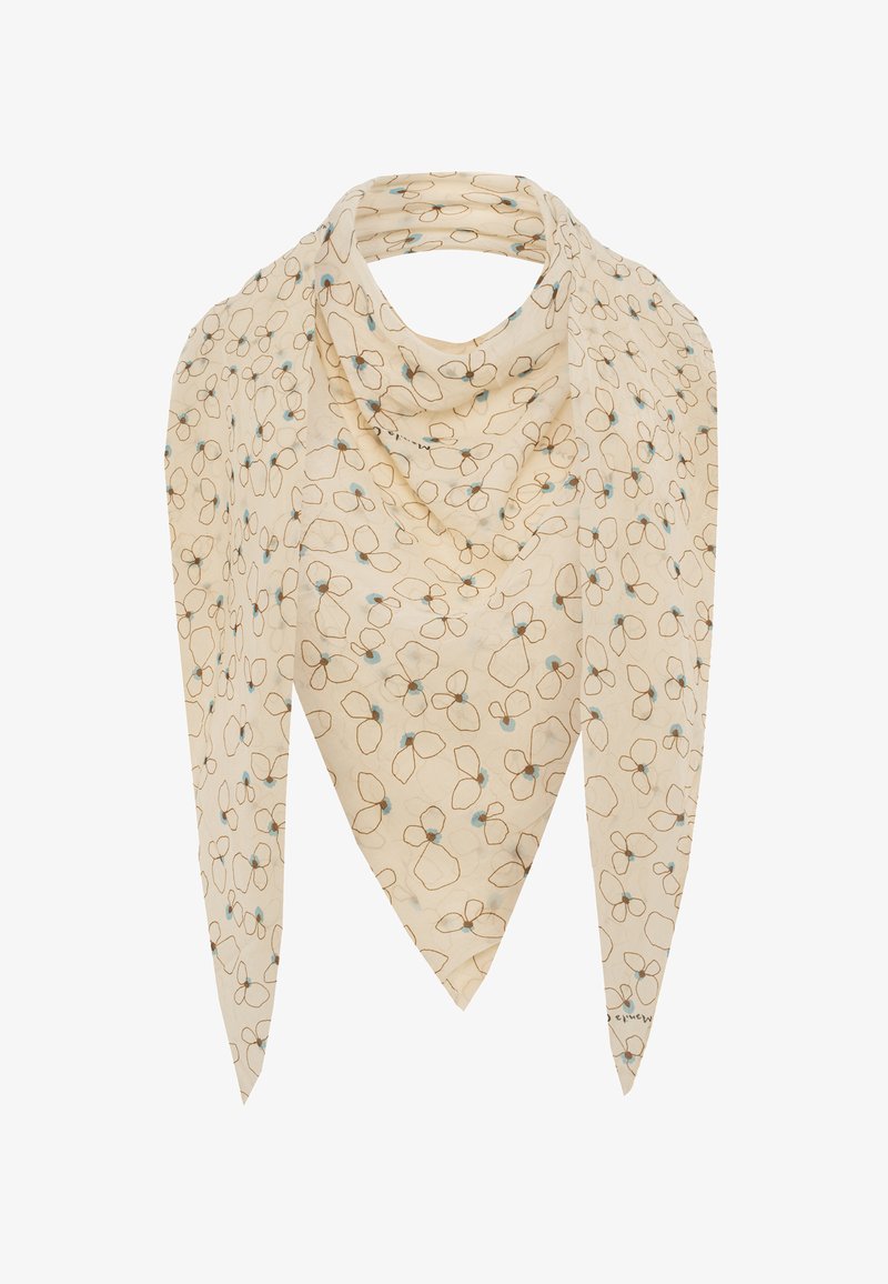 Sciarpa crema con un motivo ripetuto di occhiali contornati in marrone e blu. Realizzata in tessuto leggero con forma triangolare.