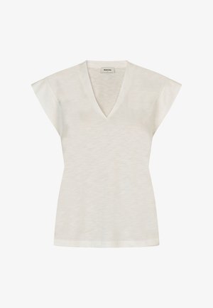 White V-neck T-shirt with short, slightly flared sleeves. Soft, textured fabric with a relaxed fit. No visible patterns or hardware details.