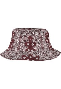 Burgunderfarget bøttehatt med hvitt paisley-mønster, bred skjerm og stoffknapper på sidene. Laget av slitesterkt bomullsmateriale.