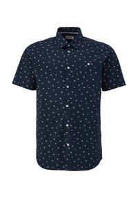 Camicia della marina a maniche corte con motivo floreale bianco, chiusura frontale con bottoni, taschino singolo sul petto e colletto a punta. Realizzata in tessuto di cotone leggero.