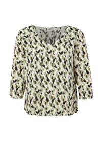 Blouse femme à manches trois-quarts, col en V, motif abstrait noir, vert et beige sur fond clair.