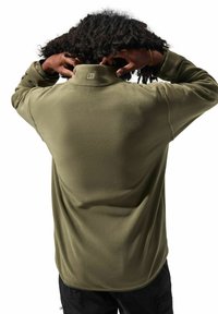 Olivgrüner Fleece-Pullover mit hohem Kragen, strukturiertem Stoff und kleinem Logo am hinteren Kragen. Lange Ärmel mit lockerer Passform.
