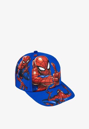 Blue baseball cap featuring Spider-Man graphics. Made of fabric with a structured shape, flat brim, and vibrant, detailed character illustrations.
