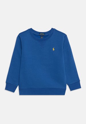 Blå langærmet crewneck sweatshirt med ribkantede manchetter og et lille gult Polo Ralph Lauren-logo på venstre bryst.