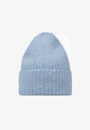 Light blue knitted beanie with a ribbed texture and a rounded top, featuring soft, fuzzy material. Suitable for cold weather wear.