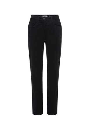 Pantaloni in denim nero con design a gamba dritta, dotati di due tasche frontali, chiusura con bottone e un discreto dettaglio ricamato sulla vita.