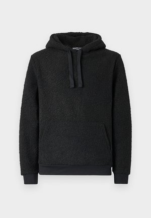 Hoodie noir en polaire texturée avec une poche kangourou, capuche avec cordon de serrage ajustable et poignets et ourlet ribés. Étiquette de la marque au niveau du col.