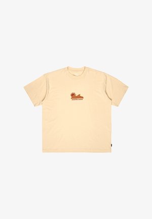 Beige cotton t-shirt with short sleeves, featuring a small printed design of a wave and sun in brown and orange tones on the front.