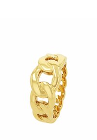 Anillo de cadena de oro con enlaces lisos y redondeados, acabado pulido y textura visible a través de pequeñas hendiduras.
