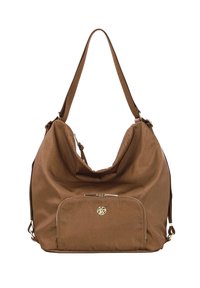 Borsa spalla marrone con una texture e un design morbido, dotata di una tasca con zip frontale e hardware dorato. Spallacci regolabili per il massimo comfort.