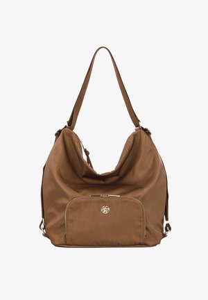 Borsa spalla marrone con una texture e un design morbido, dotata di una tasca con zip frontale e hardware dorato. Spallacci regolabili per il massimo comfort.