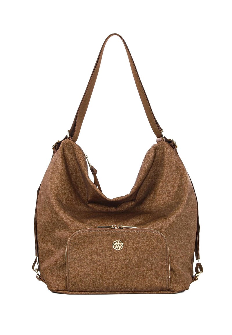 Borsa spalla marrone con una texture e un design morbido, dotata di una tasca con zip frontale e hardware dorato. Spallacci regolabili per il massimo comfort.
