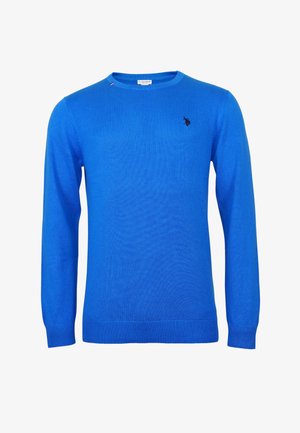 Blå strikket sweater med rund hals, lange ærmer og ribbede manchetter. Har et lille sort logo på brystet.