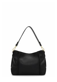 Černá kožená kabelka s pevnou strukturou, vybavená jedním nastavitelným popruhem a kováním ve zlaté barvě. Jemně texturovaný povrch bez viditelných vzorů.