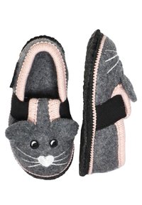 Grijze pantoffels met roze accenten, voorzien van een kattengezicht ontwerp, een zwarte elastische band, een ronde vorm en geborduurde details aan de voorkant.