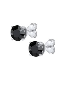 Orecchini a bottone in cristallo nero con superficie sfaccettata, montati in metallo color argento. Presentano una forma rotonda e una chiusura a pressione sicura.