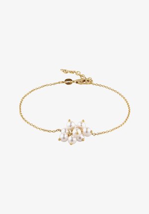 Delikat guldkædearmbånd med en klynge af syv hvide perler i midten og justerbar lukning.