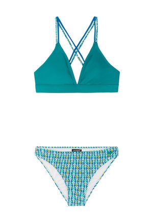 Haut de bikini turquoise à bretelles croisées associé à un bas de bikini à motifs bleus, verts et jaunes avec une taille moyenne.