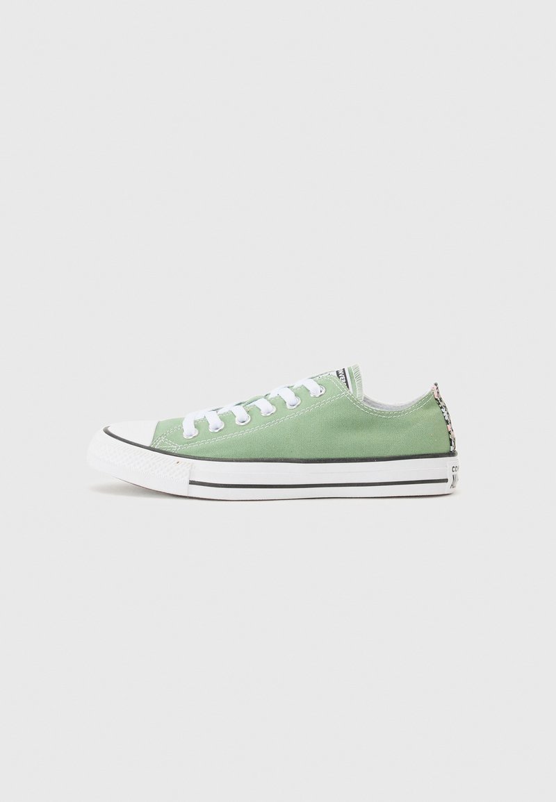 Grønn lerret sneakers med hvite snøringer, gummitåhette og svart-hvite stripete såle. Har blomsterdetalj på hælen.