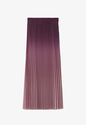 Nabrana midi krilo v prelivu barv iz bordo rdeče v rožnato, z bleščečimi poudarki in strukturiranim pasom za več poudarka.