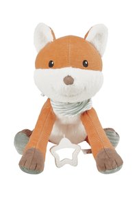 Stuffed fox toy with orange corduroy body, white face, and soft gray paws. Features a striped scarf and a detachable white star teether.