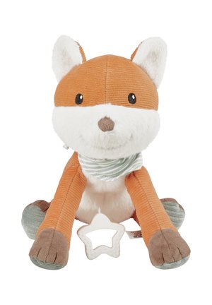 Stuffed fox toy with orange corduroy body, white face, and soft gray paws. Features a striped scarf and a detachable white star teether.