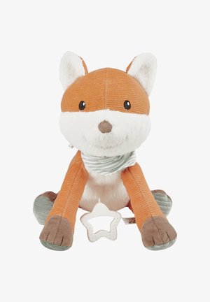 Stuffed fox toy with orange corduroy body, white face, and soft gray paws. Features a striped scarf and a detachable white star teether.