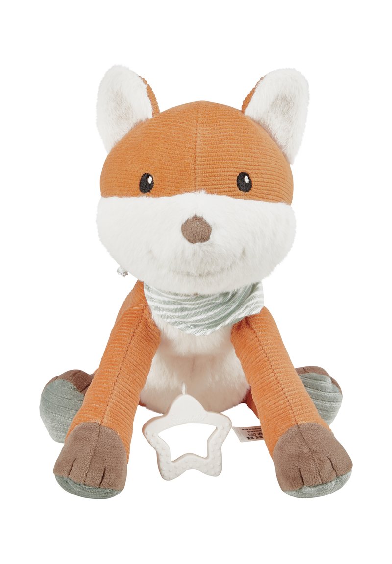Stuffed fox toy with orange corduroy body, white face, and soft gray paws. Features a striped scarf and a detachable white star teether.