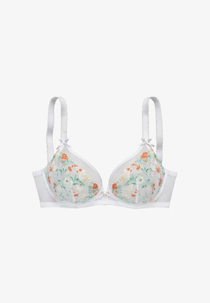 Weißer transparenter BH mit Bügel und floraler Stickerei in Orange, Creme und Grün, mit verstellbaren Trägern und einer kleinen Schleife an jedem Träger.