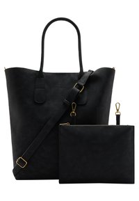Zwarte leren totebag met twee handvatten en een verstelbare schouderband, met gouden hardware accenten. Inclusief een bijpassend ritstas.