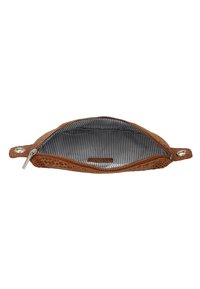 Brown leather pouch with an embossed animal pattern. Interior features gray and white striped lining, zip closure, and a metal eyelet.