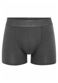 Grå boxershorts med en tjock, elastisk midjeresår som har det präglade varumärket "Resteröds". Slät yta och figurnära design.