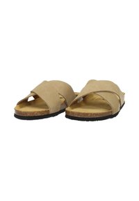 Beige slide sandals with an open toe and cross-band design. Soft suede material, cork footbed, and rubber outsole for traction.