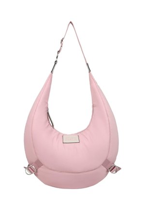 Geantă roz pentru umăr, fabricată dintr-un material moale, având un design rotunjit și sculptural, cu accesorii din argint și o curea ajustabilă.