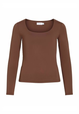 Brown long-sleeve fitted top with scoop neckline, labeled "VILA," displayed on a white background.