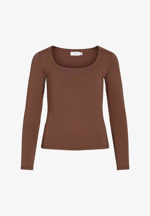 Brown long-sleeve fitted top with scoop neckline, labeled "VILA," displayed on a white background.
