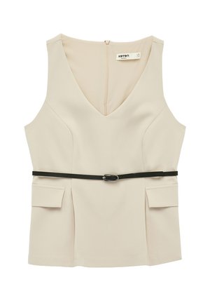 Ärmellose beige Bluse mit V-Ausschnitt, tailliert mit dünnem schwarzen Gürtel und zwei aufgesetzten Taschen vorne, Reißverschluss hinten.