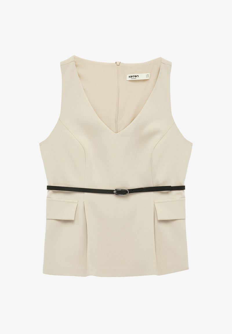 Beżowa bluzka bez rękawów z dekoltem w serek, dopasowaną talią z cienkim czarnym paskiem oraz dwoma klapowymi kieszeniami z przodu, zapięcie na zamek z tyłu.