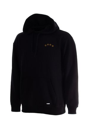 Zwarte hoodie met kleine gouden sterren in een boog op de borst en een voorzak. Geen zichtbaar persoon.