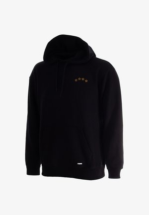 Zwarte hoodie met kleine gouden sterren in een boog op de borst en een voorzak. Geen zichtbaar persoon.