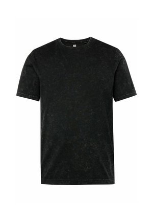 Schwarzes T-Shirt mit kurzen Ärmeln und Rundhalsausschnitt, hergestellt aus weichem, strukturiertem Stoff mit einem leicht verwaschenen Finish. Einfaches Design ohne sichtbare Muster oder Grafiken.