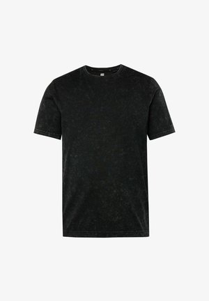 Černé krátké rukávy tričko s kulatým výstřihem vyrobené z měkké, texturované látky s vybledlým povrchem. Jednoduchý design bez viditelných vzorů nebo grafik.