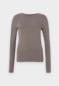 Bluza cu mânecă lungă dintr-un material moale, de culoare maro șters, cu decolteu rotund și croială conică, fără modele sau accente suplimentare.