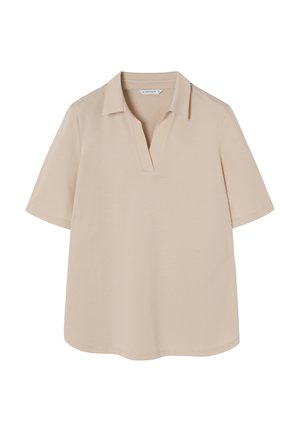 Beige Poloshirt mit kurzen Ärmeln und aufgeschlagenem Kragen, aus weichem Stoff gefertigt, mit lockerer Passform und glatter, einfarbiger Textur.