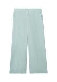 Light blue wide-leg pants made from smooth material; features a front button closure and two side pockets. Vertical creases enhance design.
