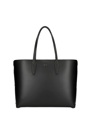 Sac fourre-tout en cuir noir avec des poignées allongées, texture lisse, sans matériel visible et détail de logo discret au centre.