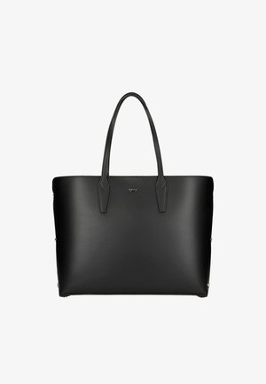 Schwarze Leder-Handtasche mit langen Griffen, glatter Textur, ohne sichtbare Beschläge und subtilen Logo-Detail in der Mitte.