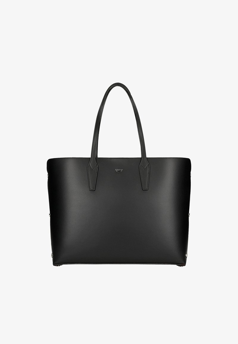 Borsa a spalla in pelle nera con manici allungati, texture liscia, senza hardware visibile e un discreto dettaglio del logo al centro.