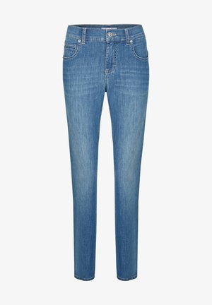 Hellblaue Denim-Jeans mit geradem Schnitt, zwei frontalen Taschen und einem Knopfverschluss. Sie verfügen über feine Steppnähte und eine glatte Textur.